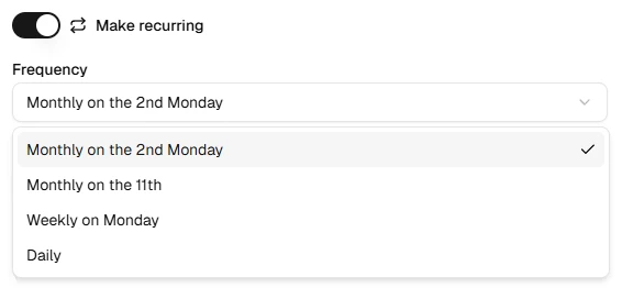 Recurring frequency and session count options