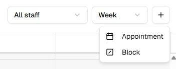 Add Appointment or Block menu in the calendar toolbar