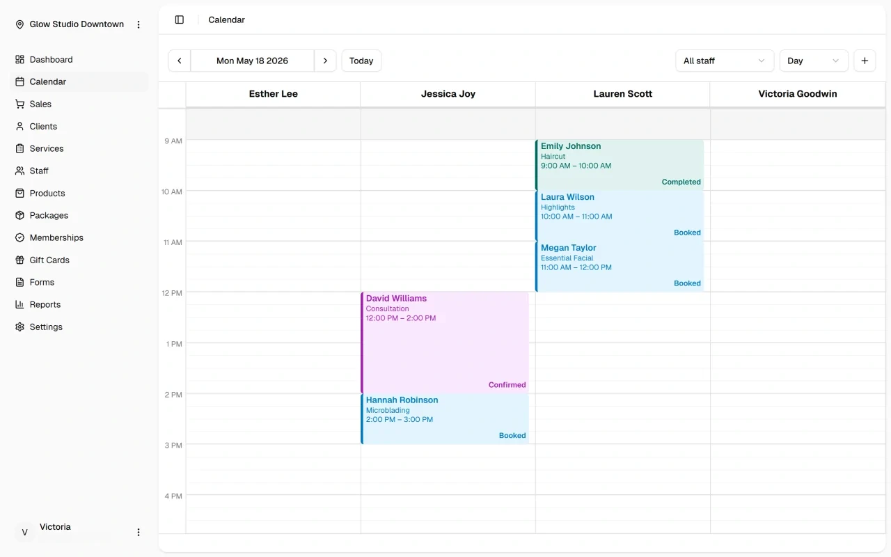 Calendar day view with staff columns and appointments