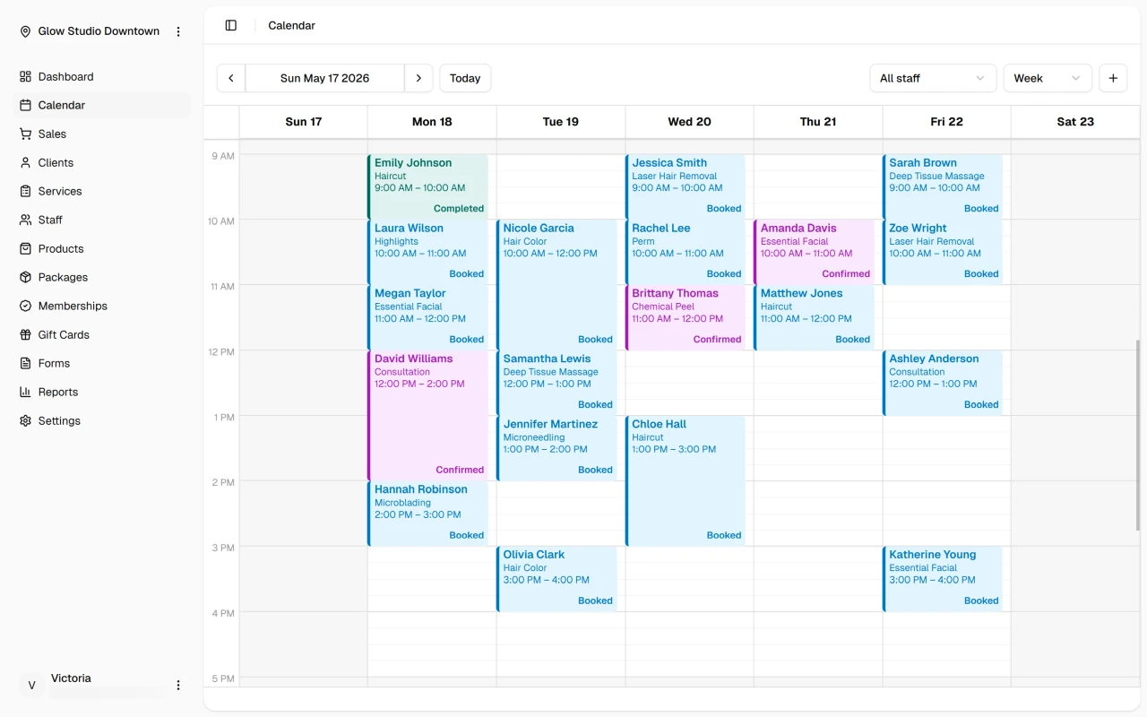 Calendar week view with appointments and time blocks