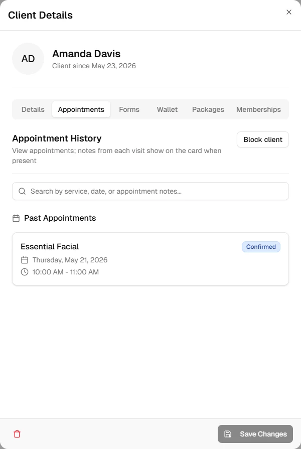 Client profile appointments tab