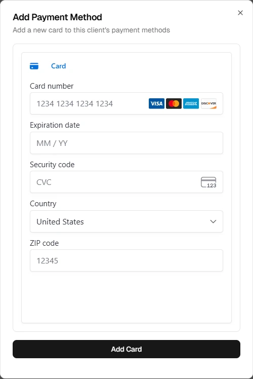 Add card form in the client wallet