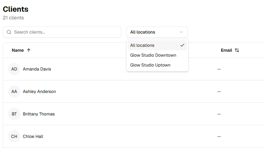 Clients list filtered by location