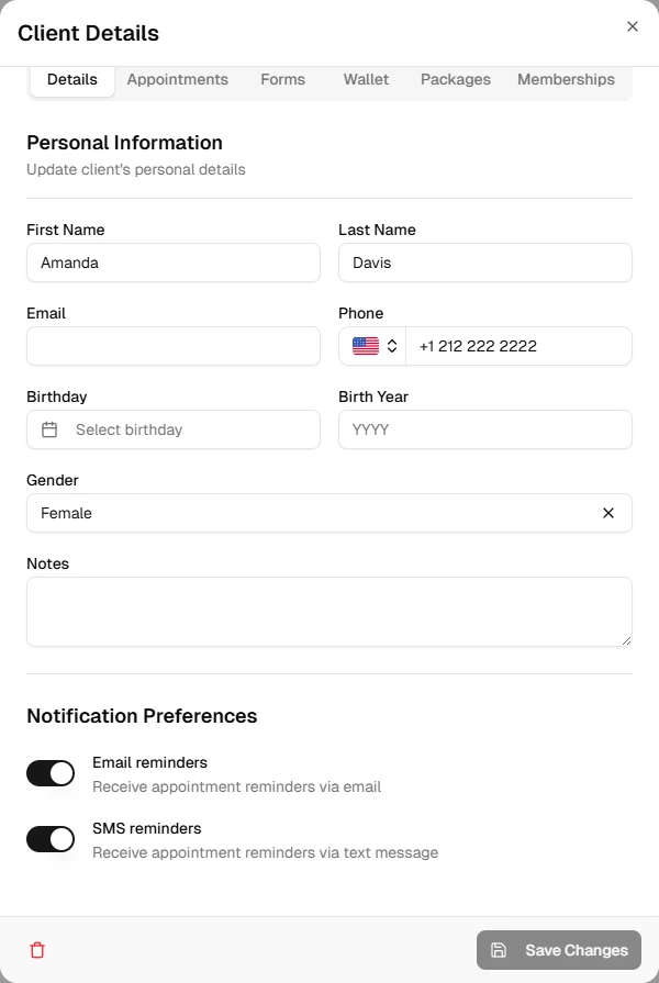 Client notification preference toggles