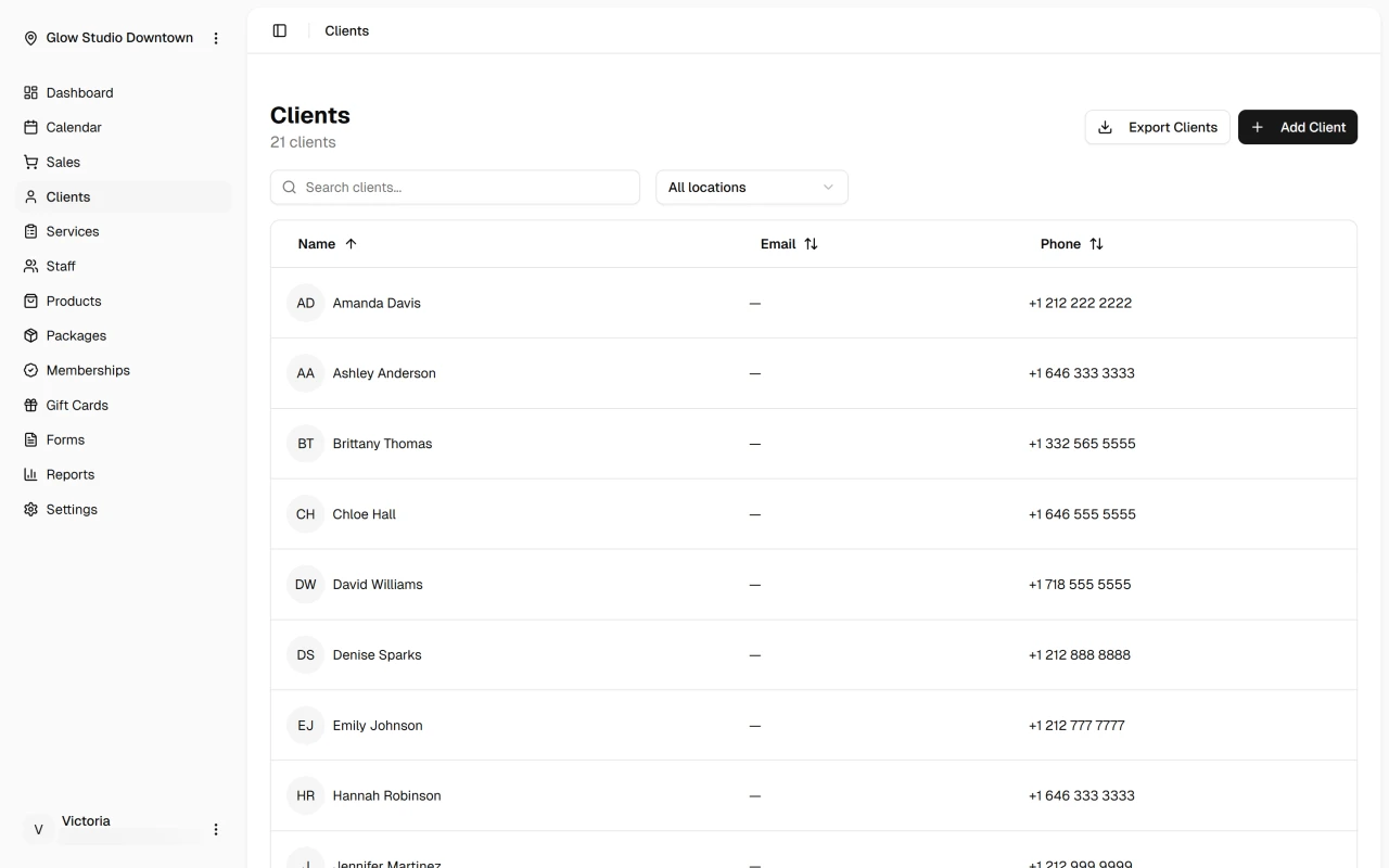 Clients list with search and client details