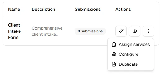 Forms list actions menu