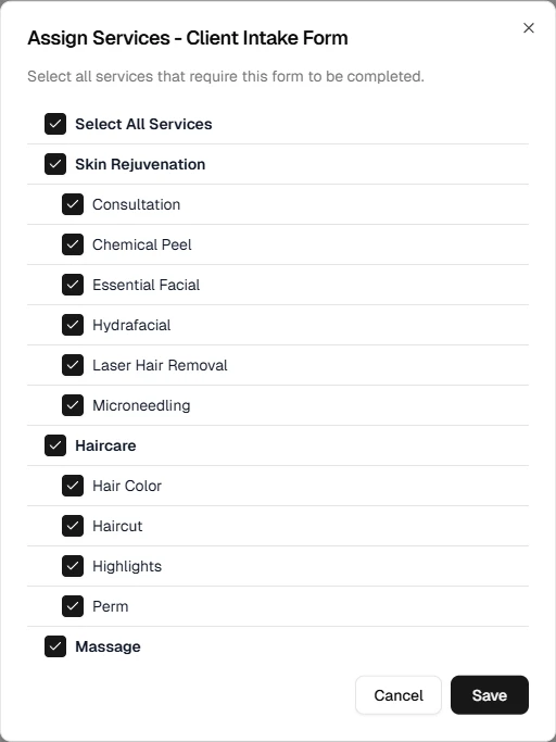 Assign form to services dialog