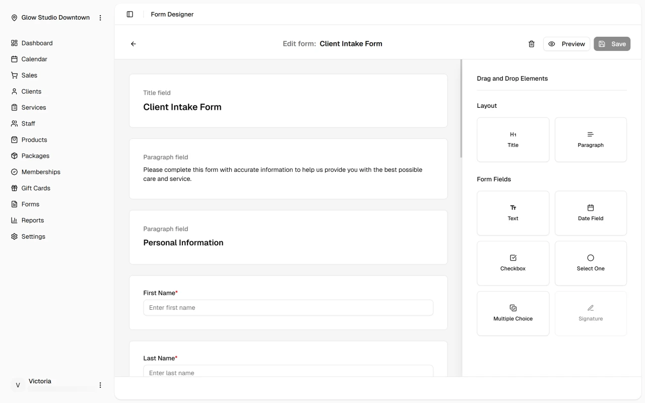 Form builder with field palette