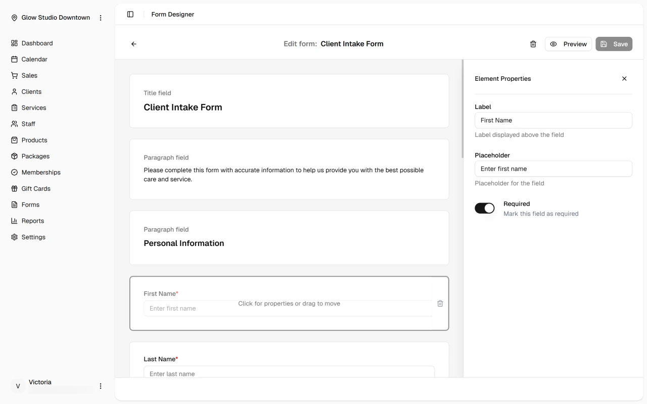 Form builder with field properties panel