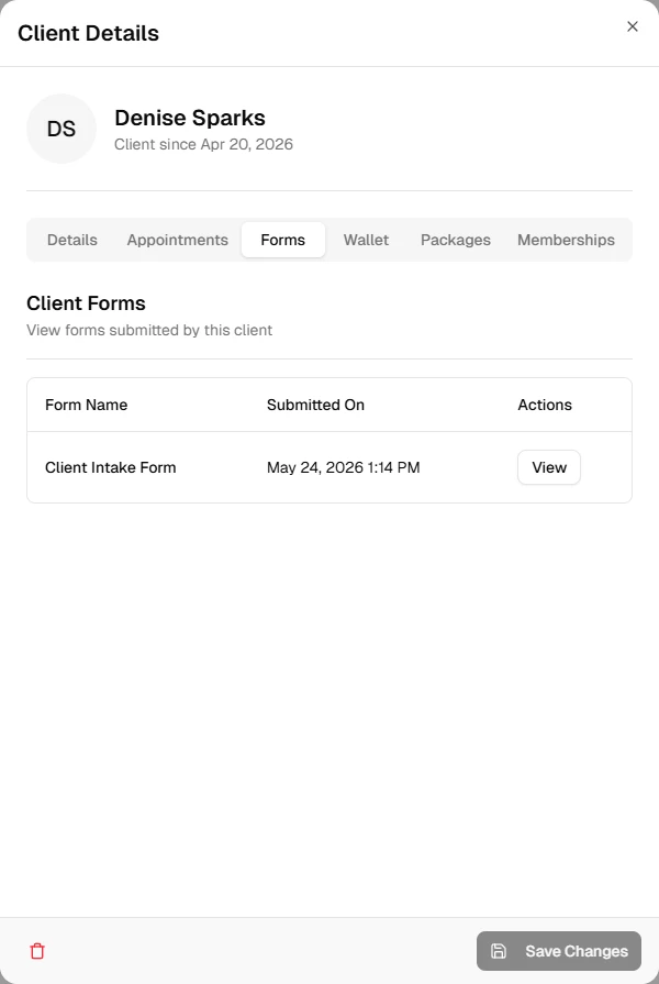 Completed form viewed from client profile
