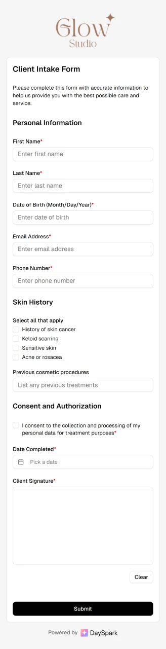 Client form view on mobile