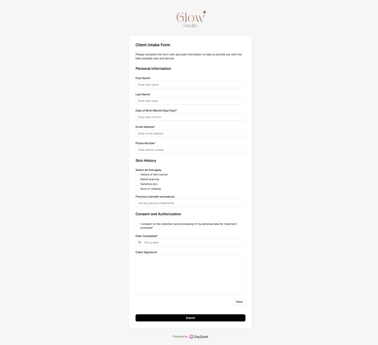Client form view on desktop
