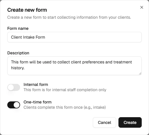 Create new form dialog