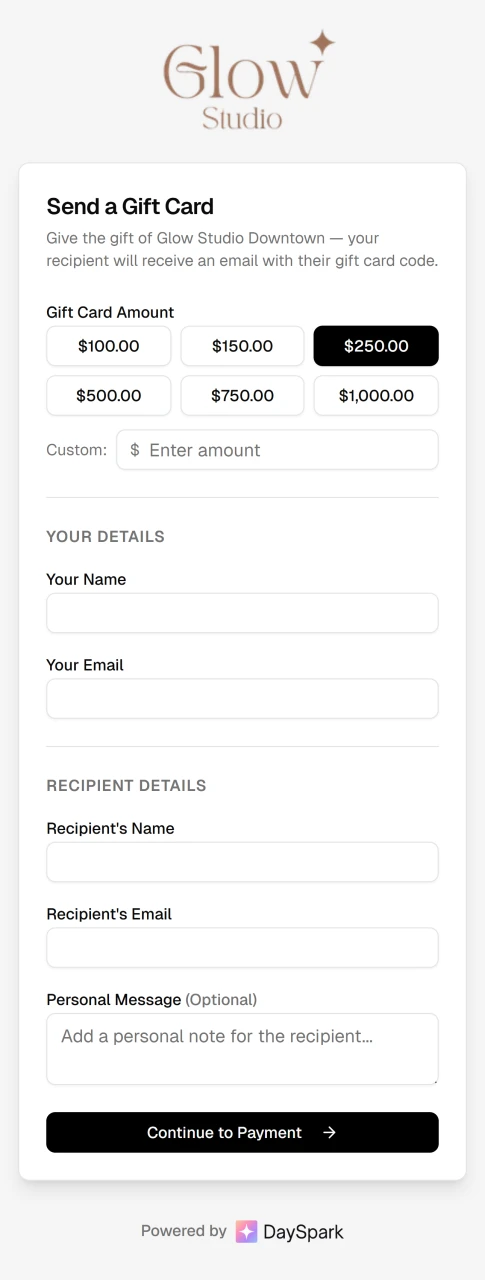 Send a gift card form on mobile booking page