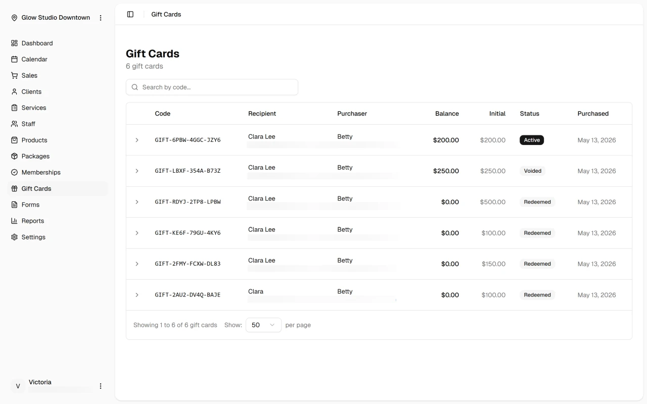 Gift cards management table