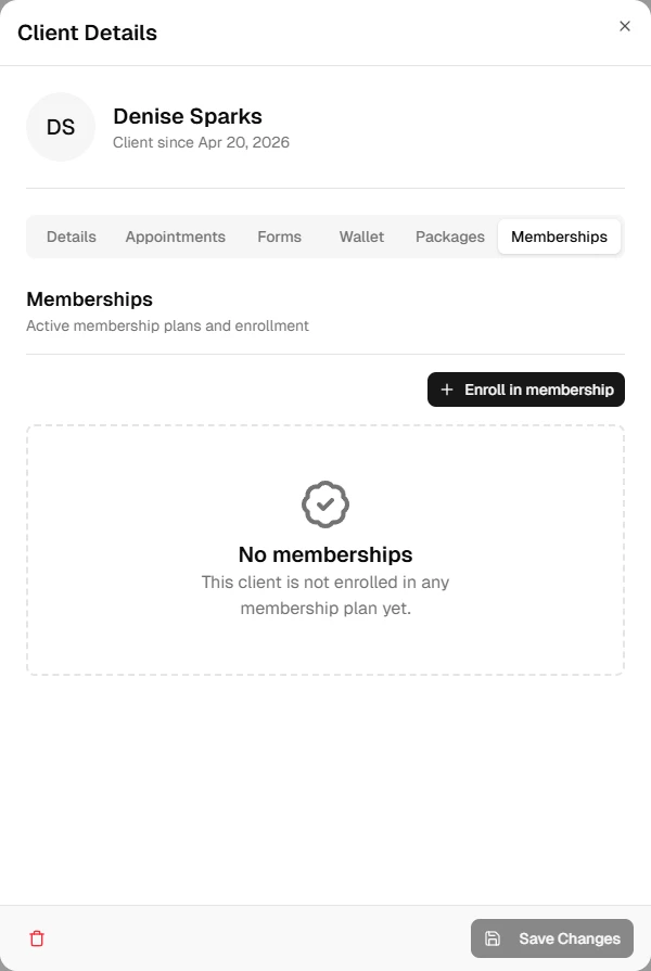 Client memberships tab