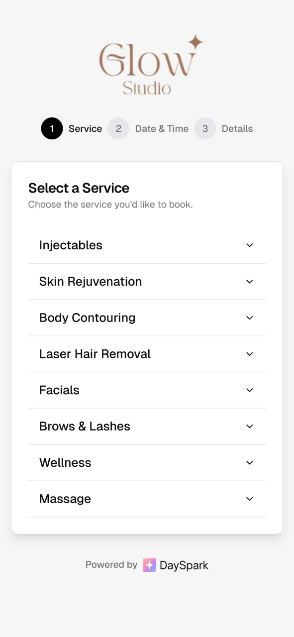 Online booking step 1 — choose a service