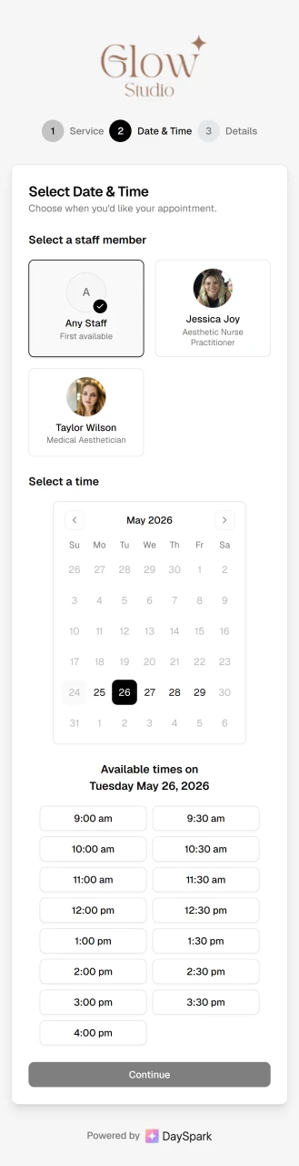 Online booking step 2 — select staff and time