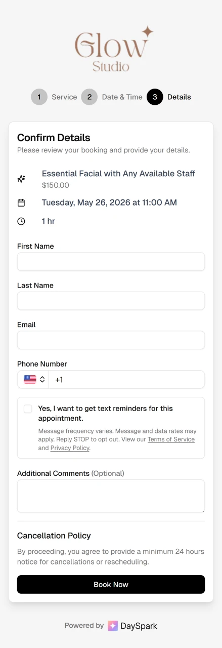 Online booking step 3 — confirm details