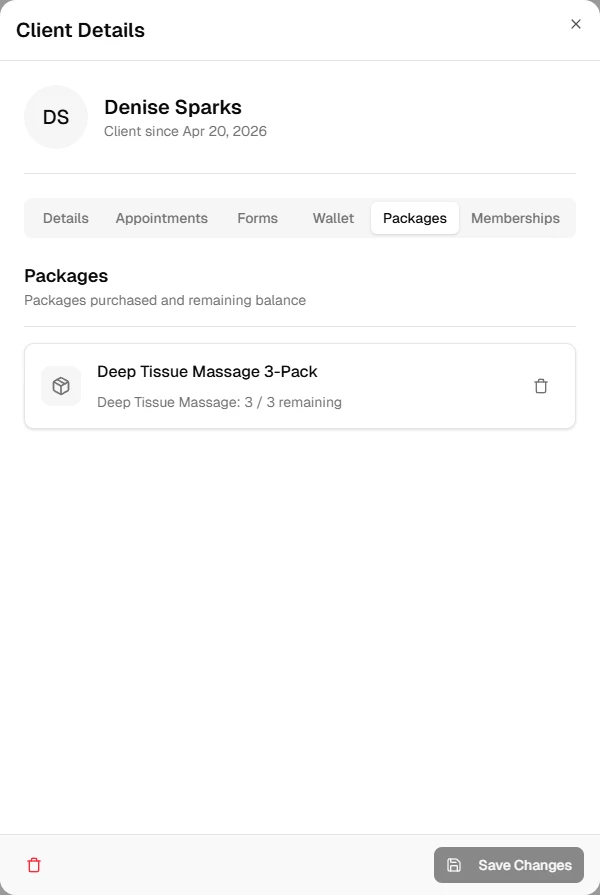 Client packages tab with session balances