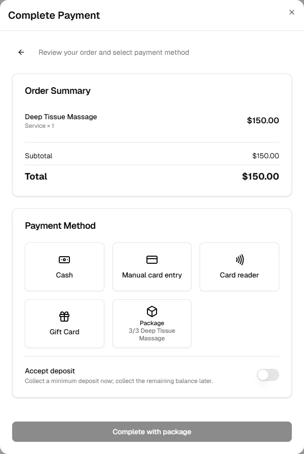 Package selected as payment method at checkout