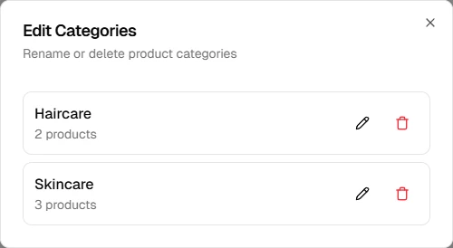 Product categories on the Products page