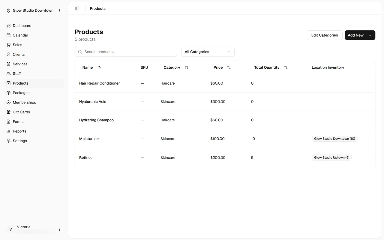 Products page with product list