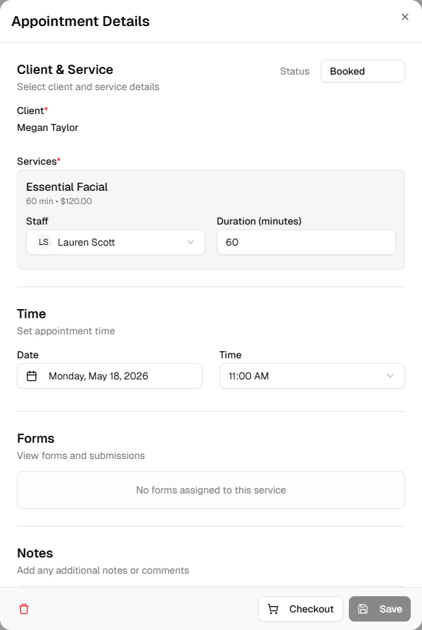 Calendar appointment with checkout action
