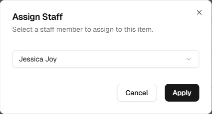 Assign staff dialog for a cart item
