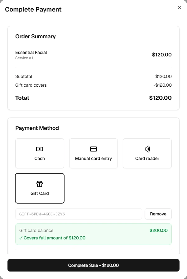 Gift card applied at checkout