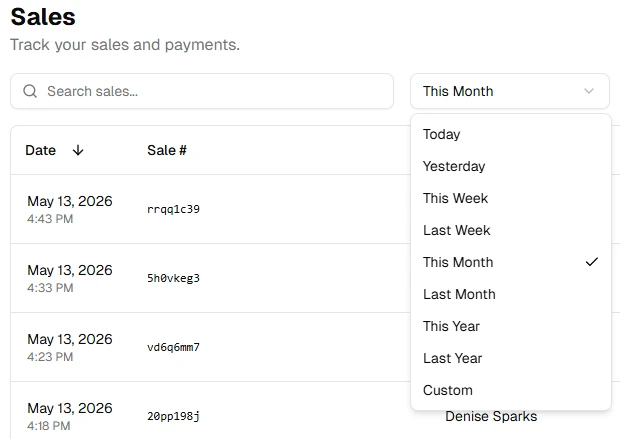 Sales table filtered by date period