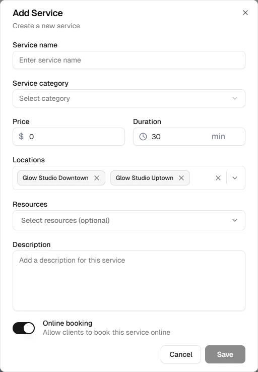 Add service dialog with service fields