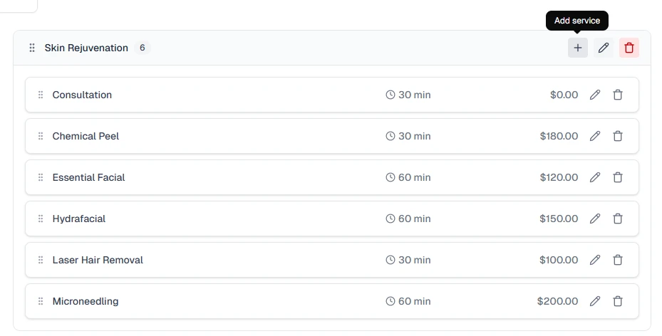 Services page with a new category ready for services