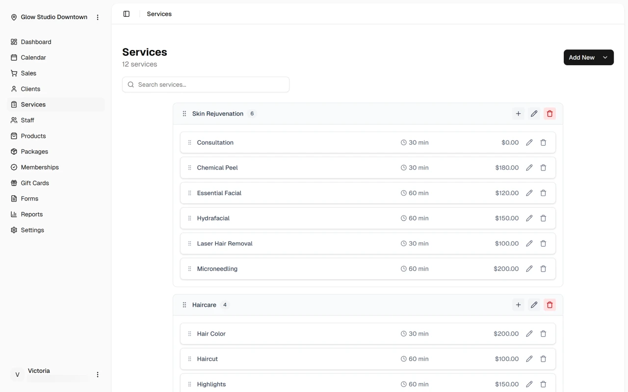 Services page with categories and service list
