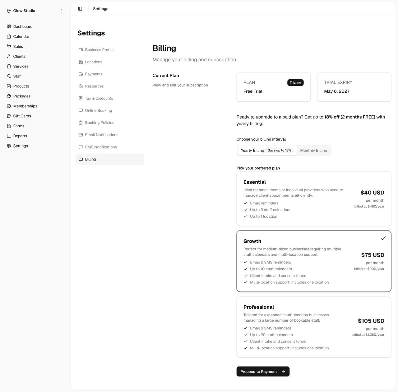 Billing page during free trial
