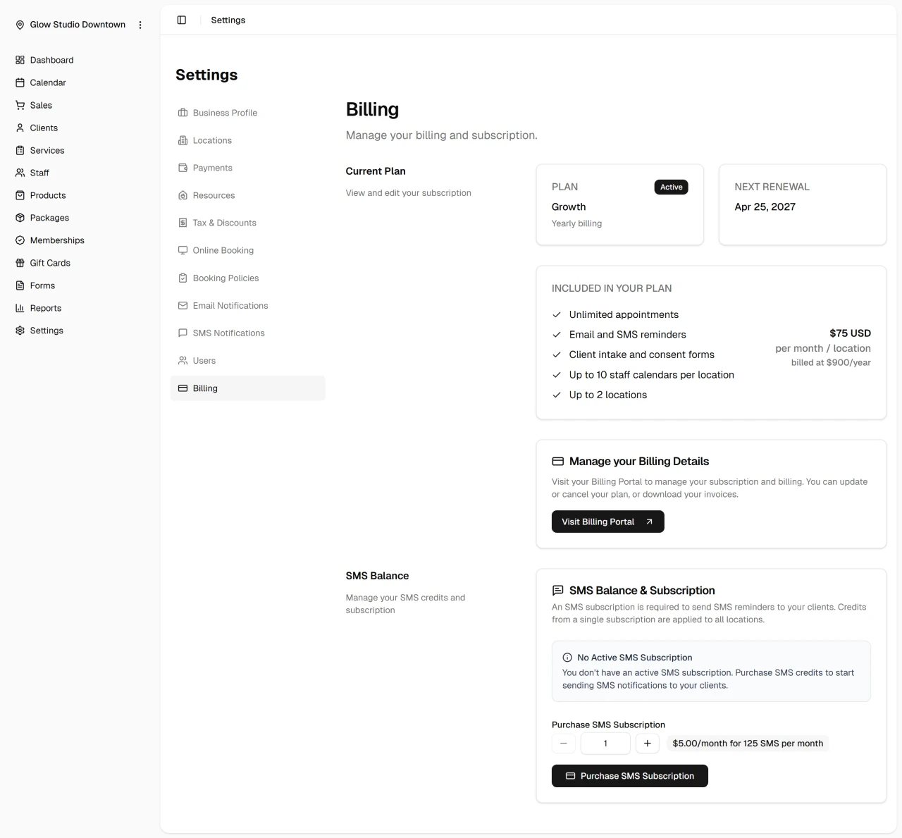 Billing settings with plan options