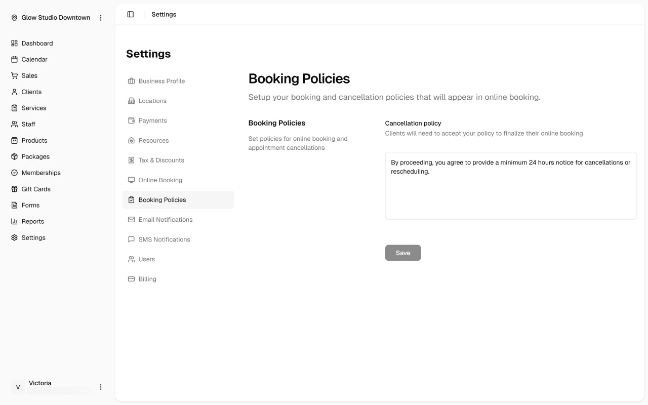 Booking policies settings