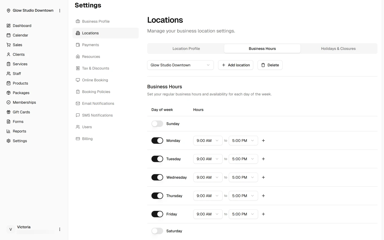 Location operating hours