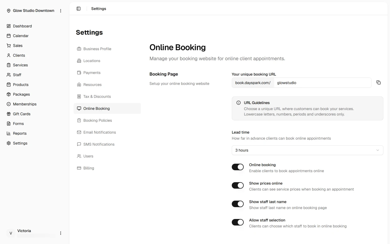 Online booking settings