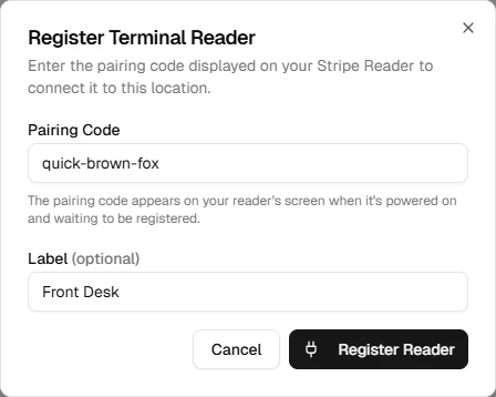 Register reader button on the Payments page