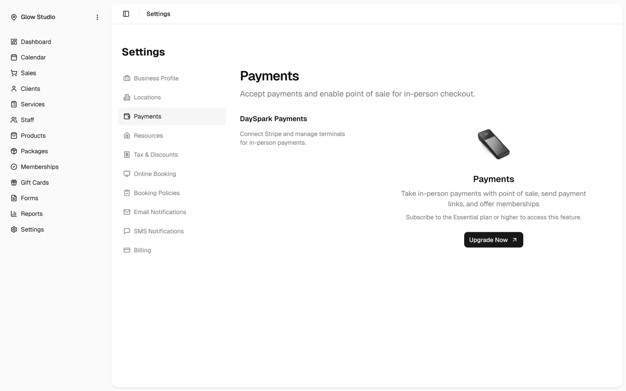 Settings Payments page with Stripe onboarding