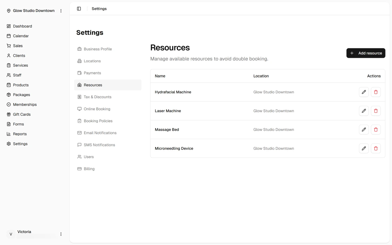 Resources settings list