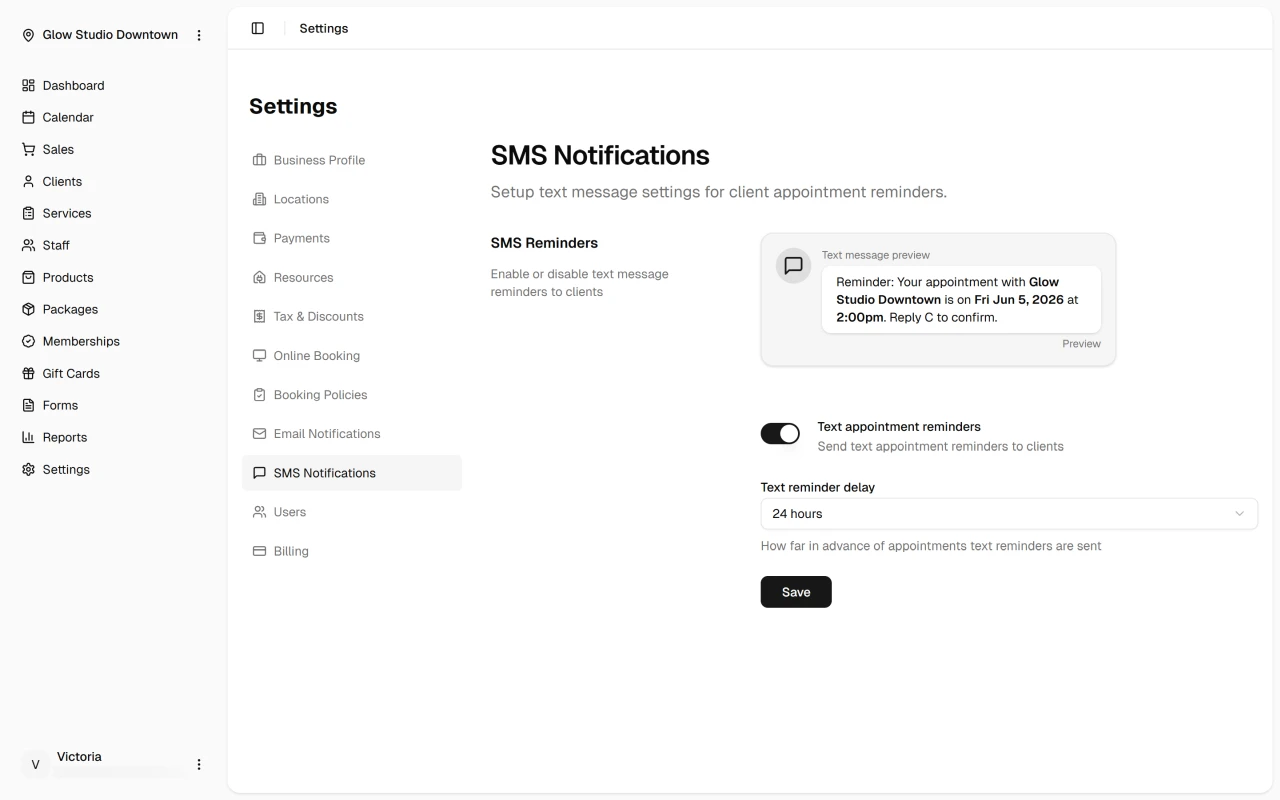 SMS notification settings