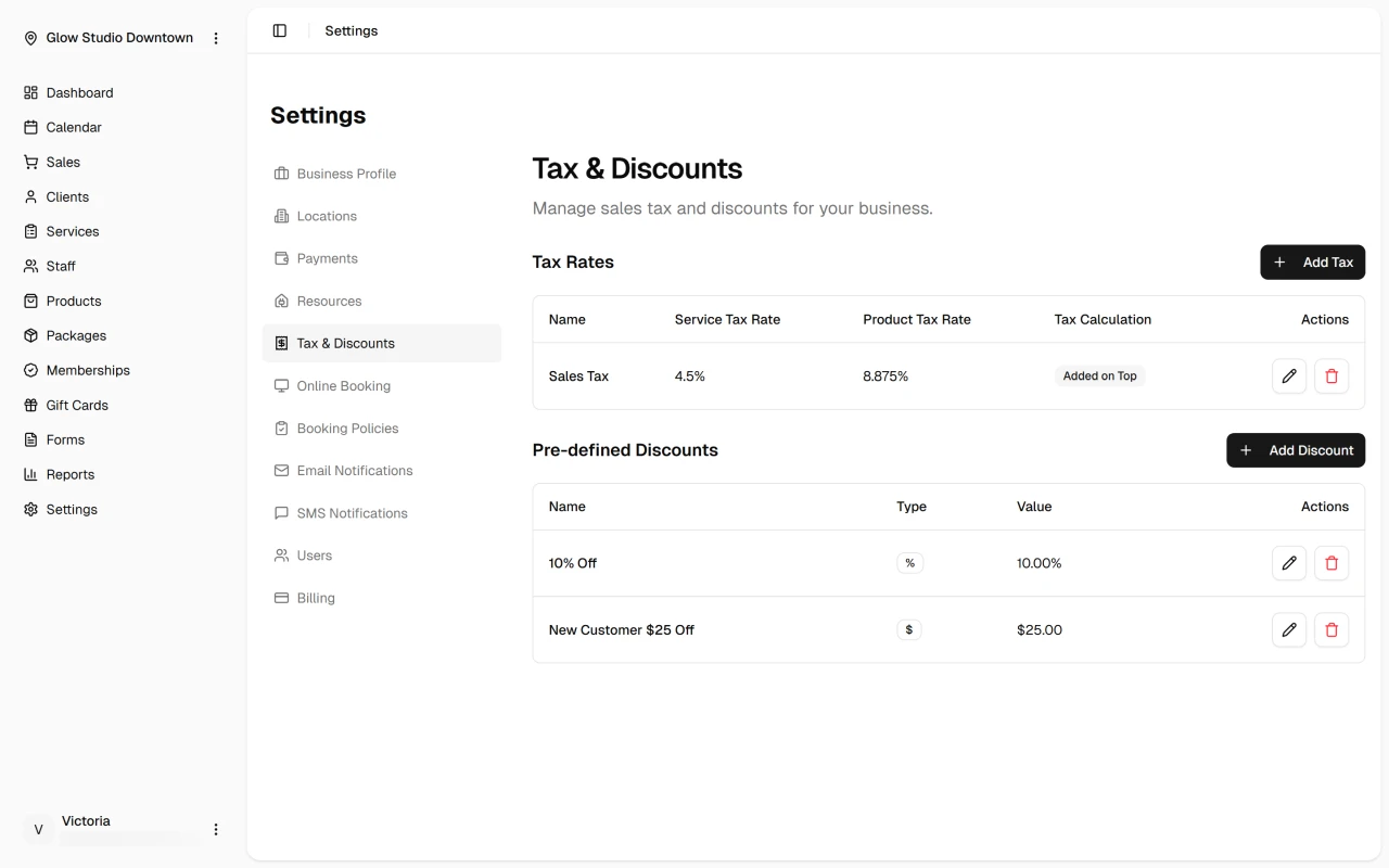 Settings Tax and Discounts page