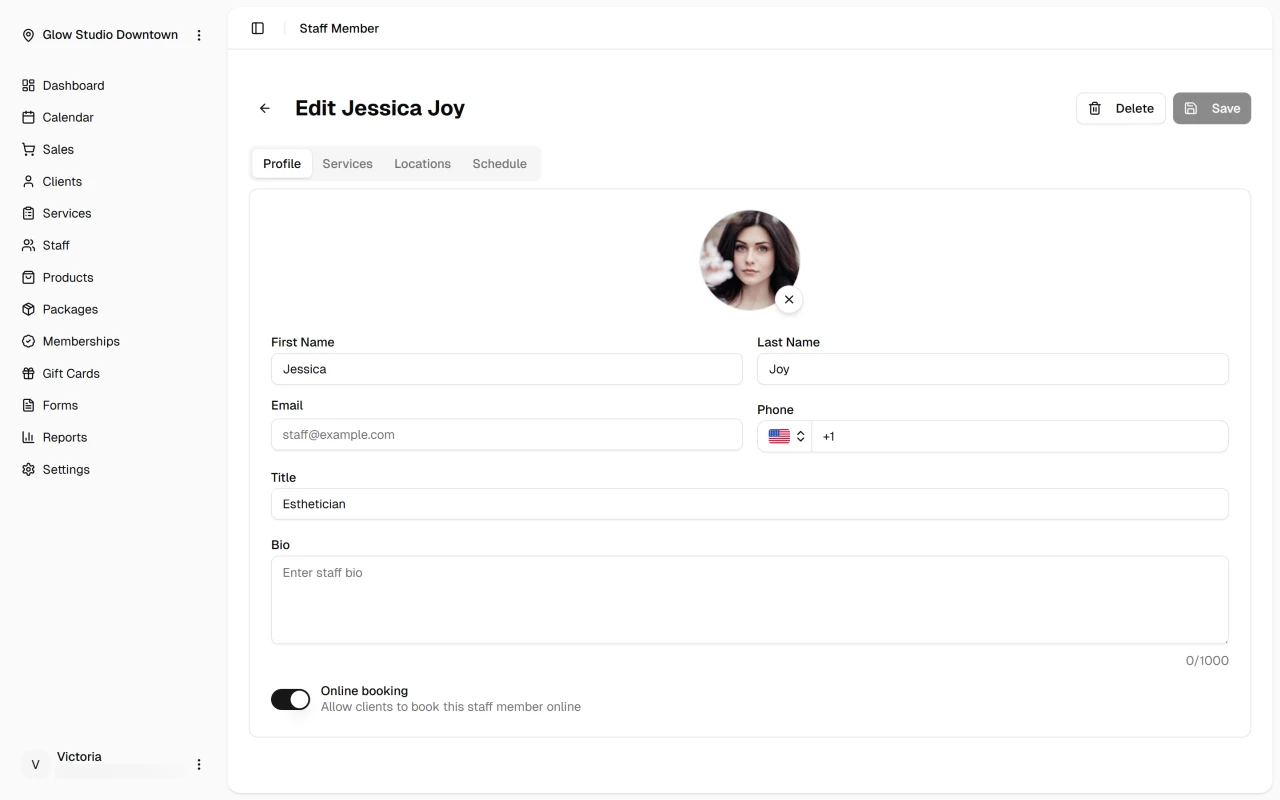 Staff profile tab with editable fields