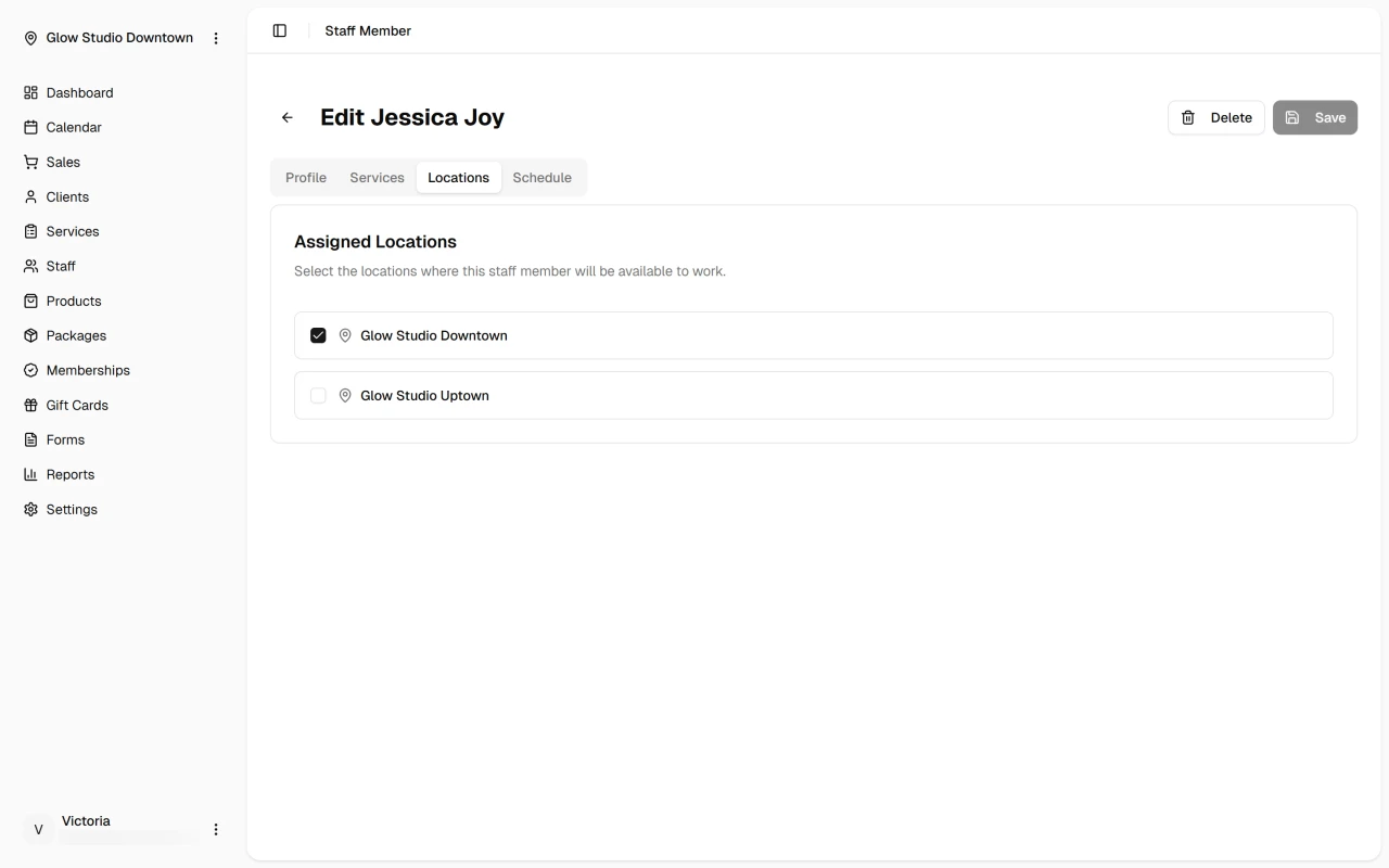 Staff locations tab with location checkboxes