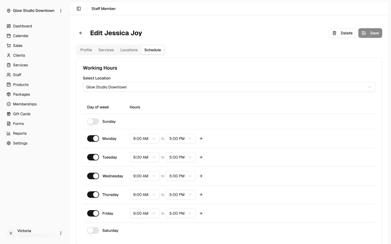 Staff schedule tab with weekly hours