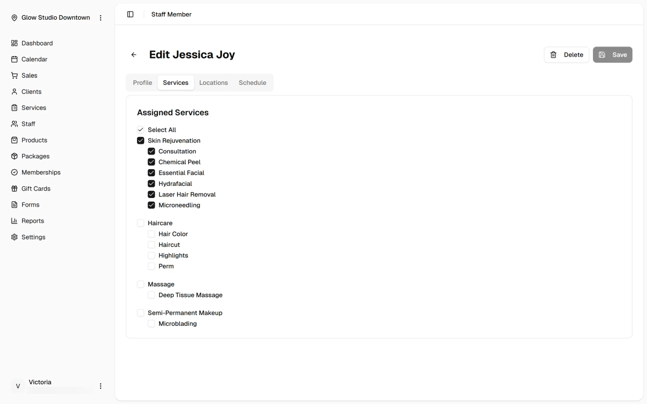 Staff services tab with service checkboxes